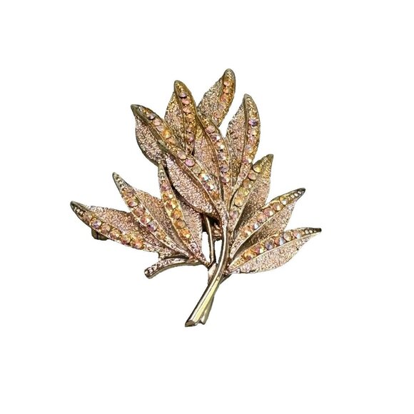 Designer Jewelry - Vintage Dodds Designer Signed Rhinestone Jeweled Leaf Brooch Dress Pin 2 3/4"
